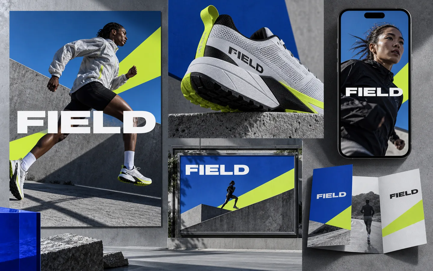 Campagne running fictive FIELD avec athlète, chaussure, social et affichage